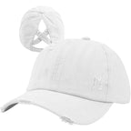 Women Distressed Ponytail Baseball Caps Adjustable Criss Cross Ponytail Hats High Messy Bun Ponycap Trucker Hat White