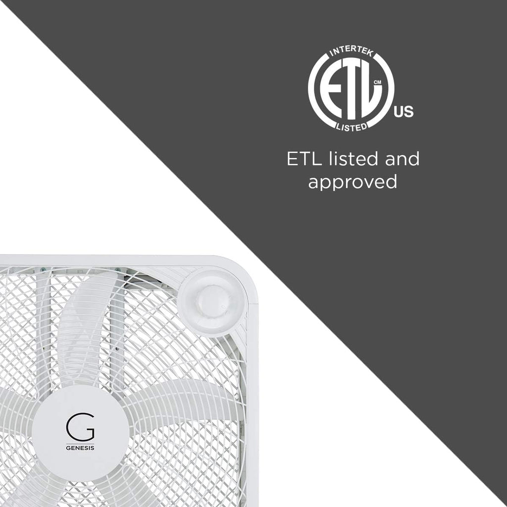 Genesis 20" Box Fan, 3 Settings, Max Cooling Technology, Carry Handle, White (G20Box-Wht)