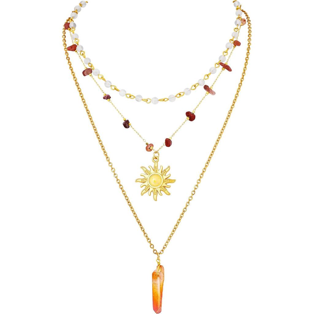 Sacina Layered Crystal Sun Necklace, Gothic Boho Hippie Summer Beach Necklace, Boho Hippie Jewelry, Christmas Jewelry Gift for Women