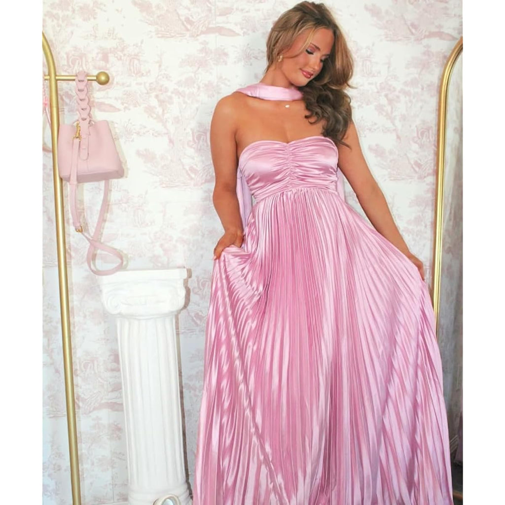Women Bridesmaid Dress With Scarf Strapless Pleated Satin Flowy Formal Evening Gown Maxi Dresses