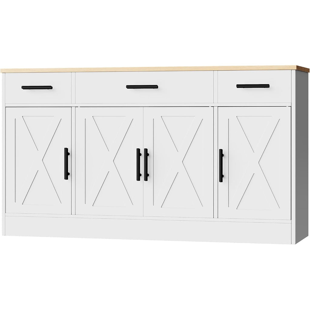 Shintenchi Buffet Cabinet With Storage,53.4" Large Kitchen Storage Cabinet With 3 Drawers And 4 Doors,Wood Farmhouse Buffet Sideboard With Adjustable Shelf For Kitchen Living Room, White