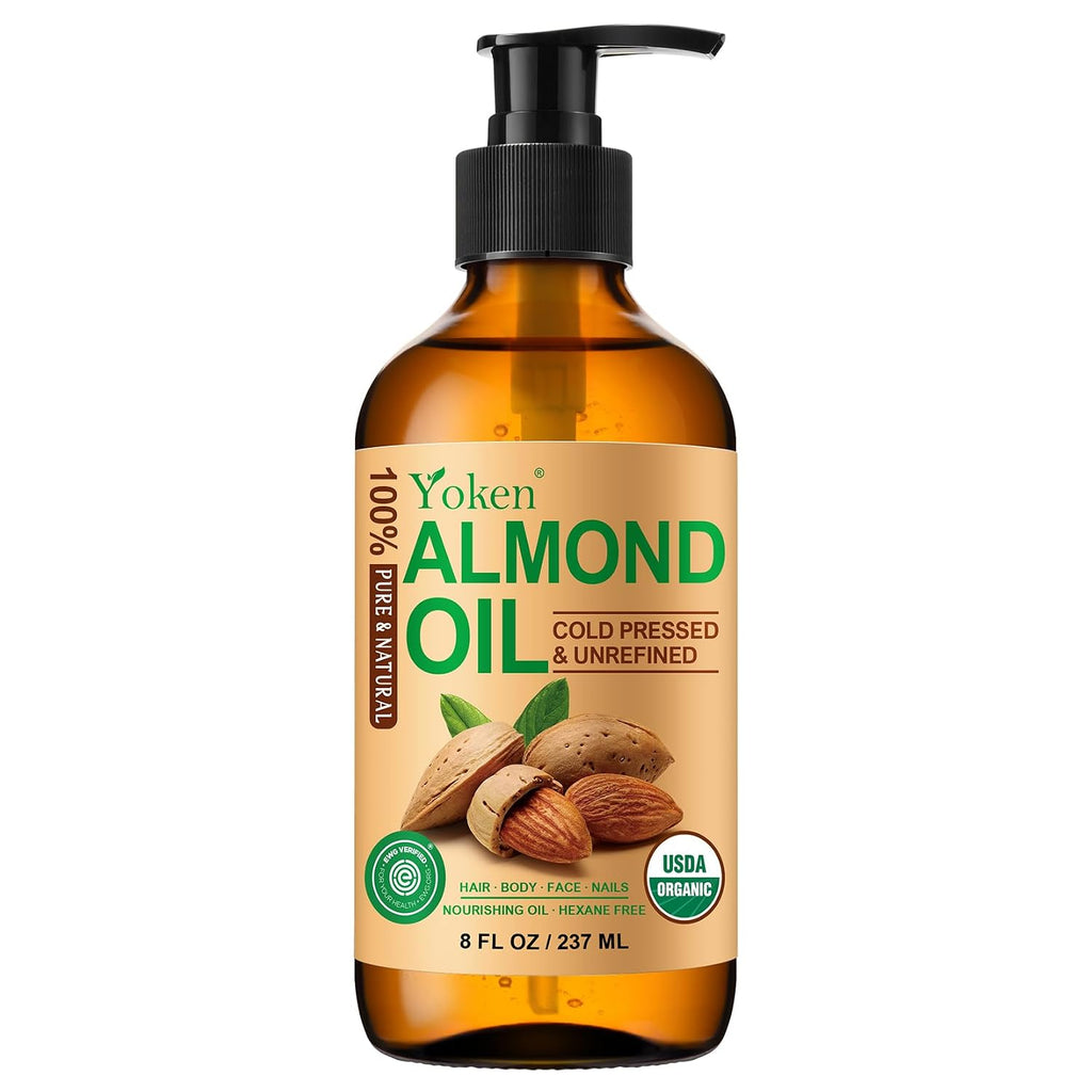 Yoken Organic Almond Oil 8 Oz Glass Bottle, Cold Pressed For Skin & Hair