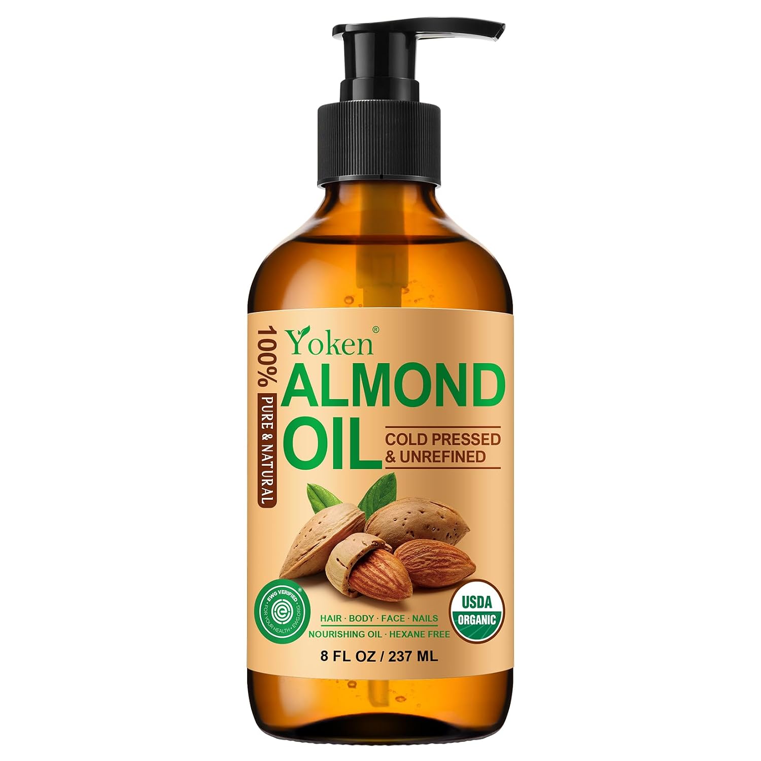 Yoken Organic Almond Oil 8 Oz Glass Bottle, Cold Pressed For Skin & Hair