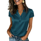 Women Satin Blouse for Women Business Work Tops Casual Cap Sleeve V Neck Button Down Shirts