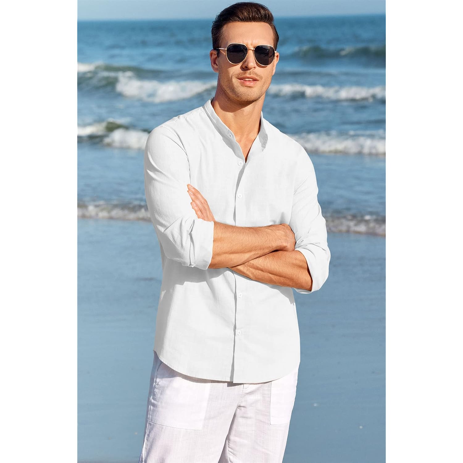 Makkrom Men Linen Shirt Button Down Long Sleeve Cotton Beach Band Collar Casual Summer Shirts