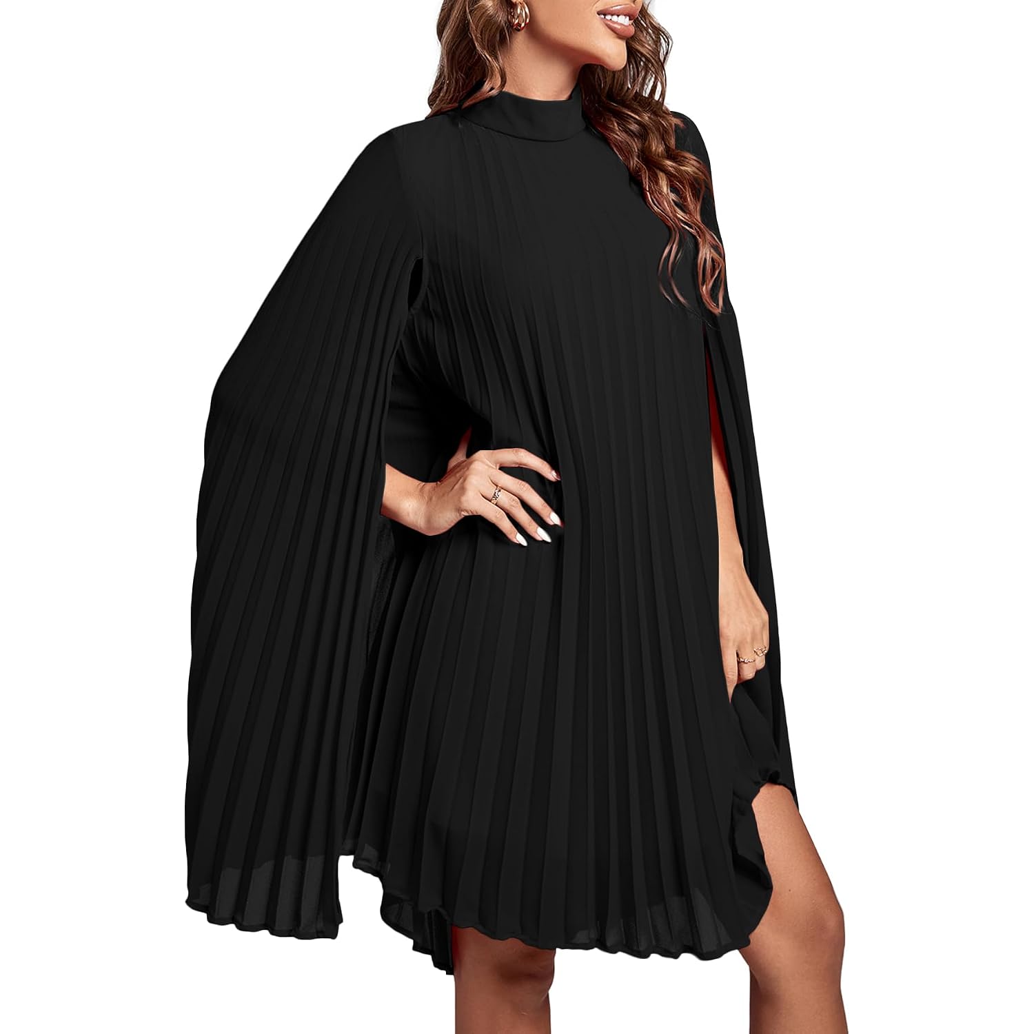 Rooscier Women'S Mock Neck Cloak Sleeve Pleated Keyhole Back Flowy Party Midi Dress