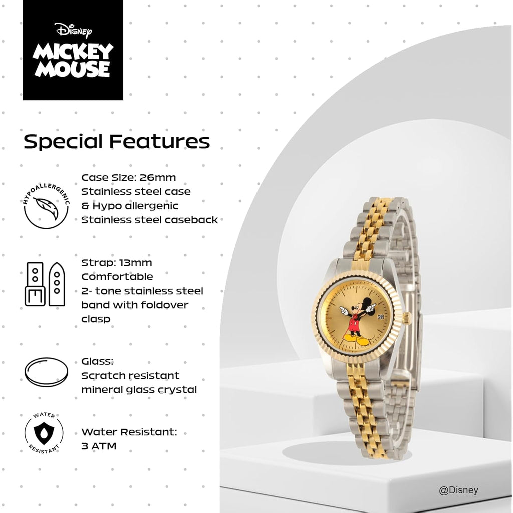 Disney Officially Licensed Mickey Mouse Watch, Stylish & Fun Mickey Mouse Watch For Women, Classic Watches Fans - Women'S Gold Dial Watches With Multicolor Stainless Steel Strap