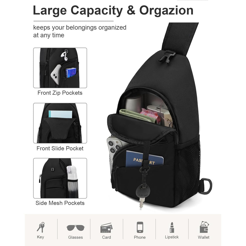 Pritent Crossbody Bags For Women Man Waterproof Sling Bag Backpack Trendy Casual Cross Body Bag With Convertible Shoulder Strap Chest Bag For Camping Hiking Travel Essentials (Black, Medium )