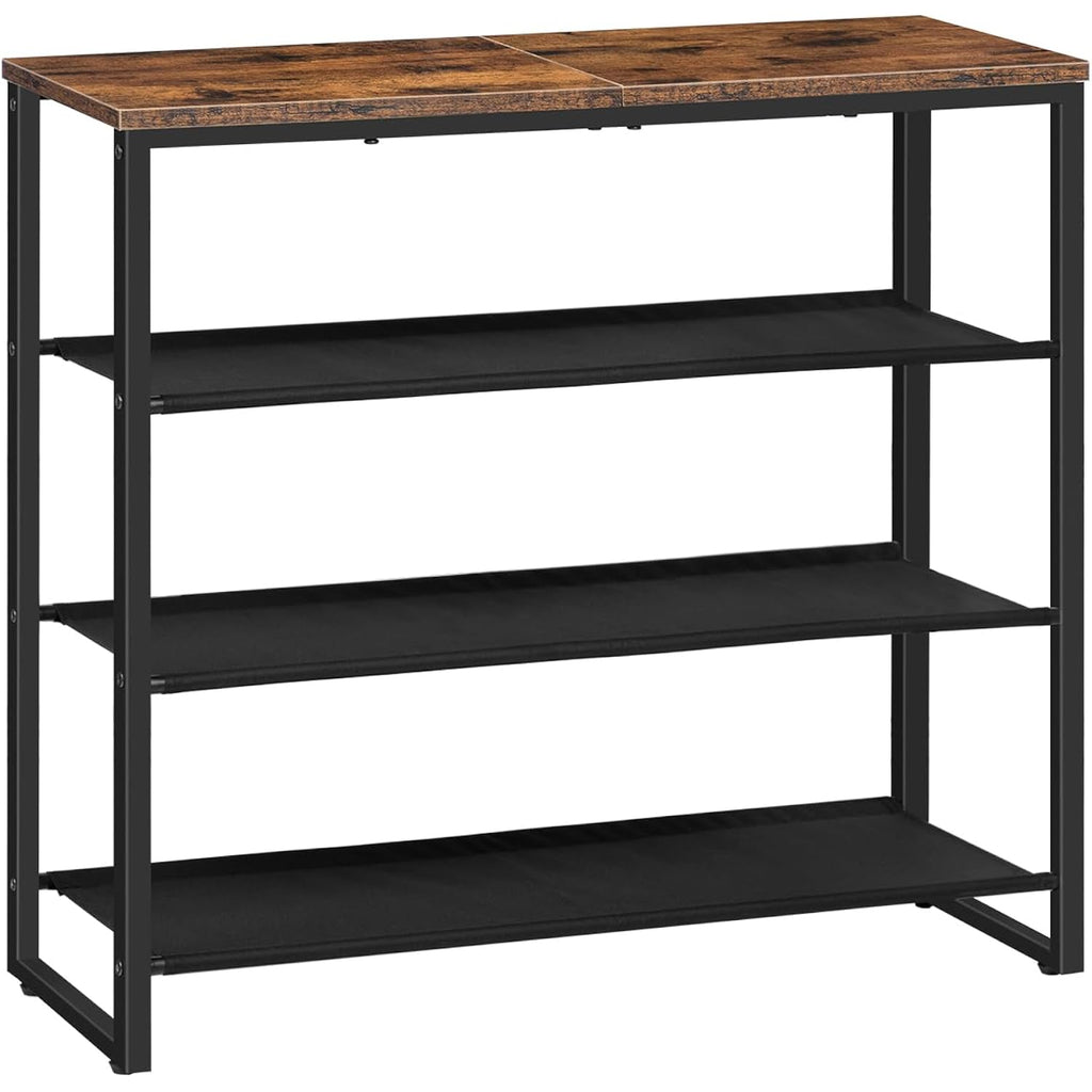 Hoobro Shoe Rack, 4 Tier Shoe Storage Organizer With 3 Oxford Fabric Shelves And Top Panel, Holds 12-16 Pairs Of Shoes For Entryway And Closet, Industrial, Rustic Brown Bf47Xj01G1