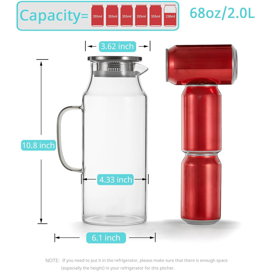 Bivvclaz 2 Liter 68 oz Glass Pitcher with Lid and Handle, Glass Carafe for Hot/Cold Water, Large Iced Tea Pitcher for Coffee, Juice and Homemade Beverage