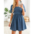 Denim Dress Babydoll Jean Square Neck Puff Sleeve Casual Country Concert Dresses With Pockets For Women 2026