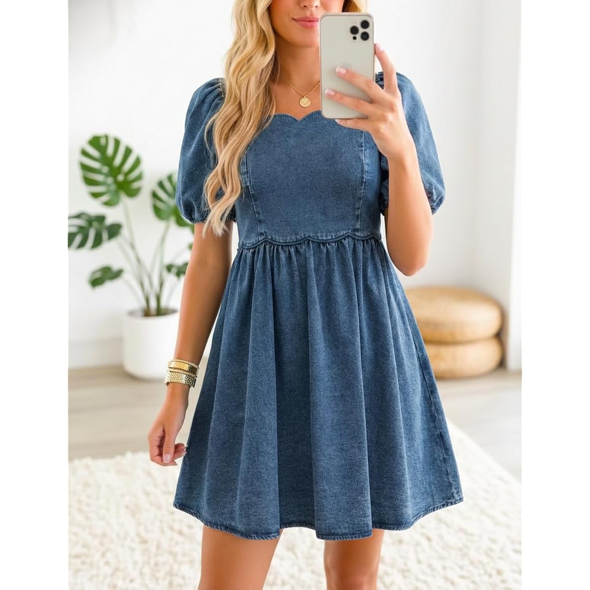 Denim Dress Babydoll Jean Square Neck Puff Sleeve Casual Country Concert Dresses With Pockets For Women 2026