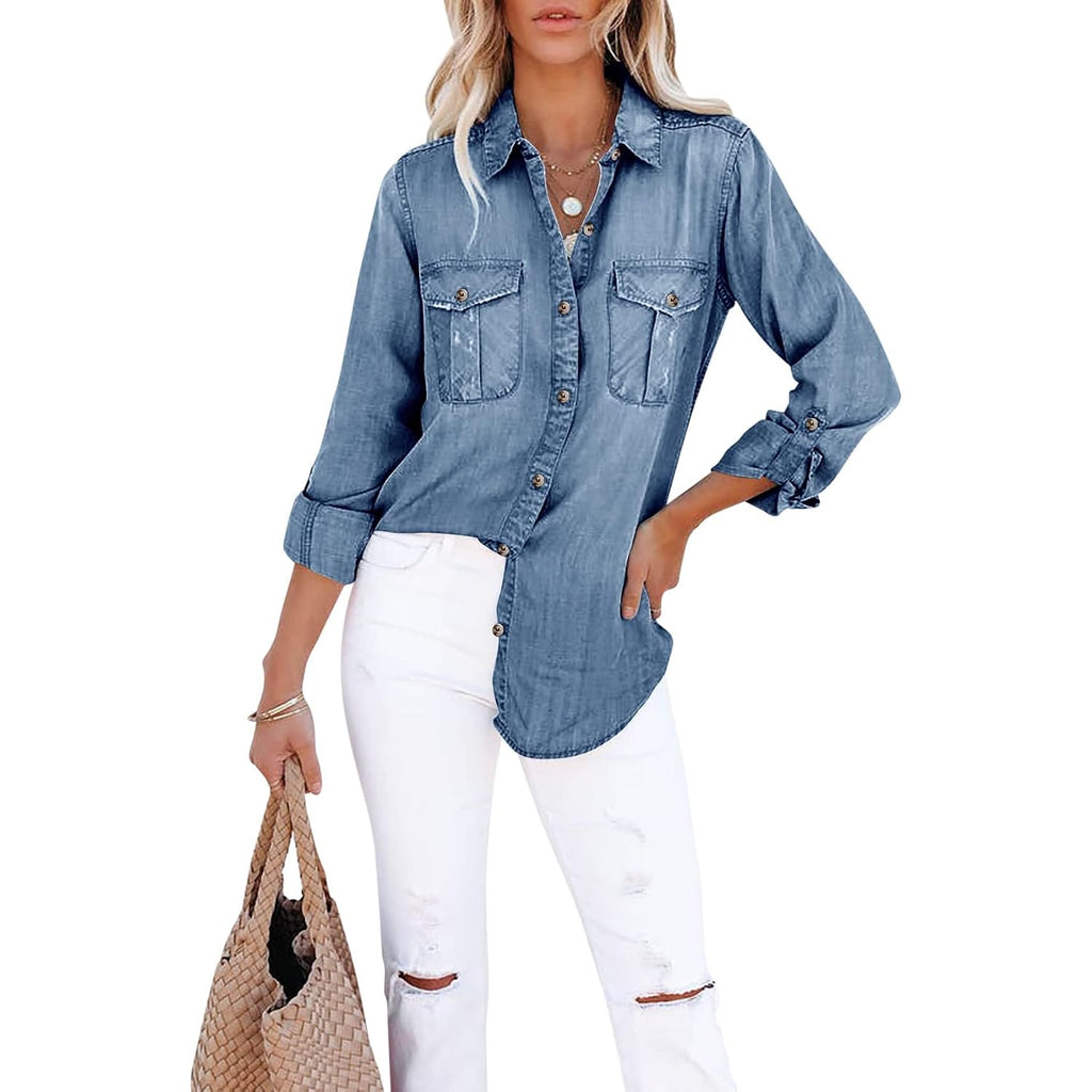 Runcati Womens Button Down Denim Shirt Long Sleeve Roll Up Casual Oversized Jean Shirt Jacket Distressed Tunic Tops