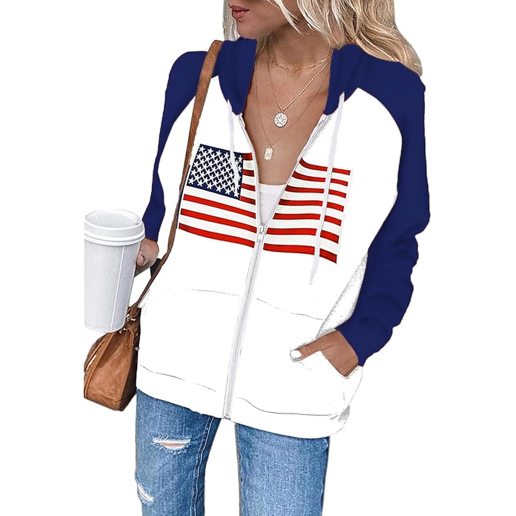 Ezbelle Zip Up Hoodie Women'S American Flag Graphic Hoodies Casual Long Sleeve Usa Shirt Color Block With Pockets