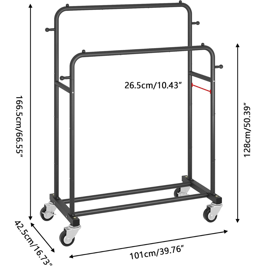 Laiensia Double Rods Garment Rack With Wheels, Clothing Rack For Hanging Clothes,4 Hooks, Multi-Functional Bedroom Clothes Rack, Black