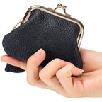 Vintage Kiss Lock Genuine Leather Wallet Mini Coin Purse Portable Jewelry Bag For Women Gift Box (Wine Red)