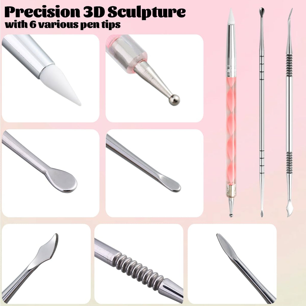 Fcozpjk Nail Art Sculpture Pen, 3PCS Double-head Stainless Steel 3D Gel Art Sculpting Pens Dotting Tools Acrylic Powder Flower Design Carving Modeling for Builder Gel Chrome Powder Applicator Manicure