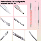 Fcozpjk Nail Art Sculpture Pen, 3PCS Double-head Stainless Steel 3D Gel Art Sculpting Pens Dotting Tools Acrylic Powder Flower Design Carving Modeling for Builder Gel Chrome Powder Applicator Manicure