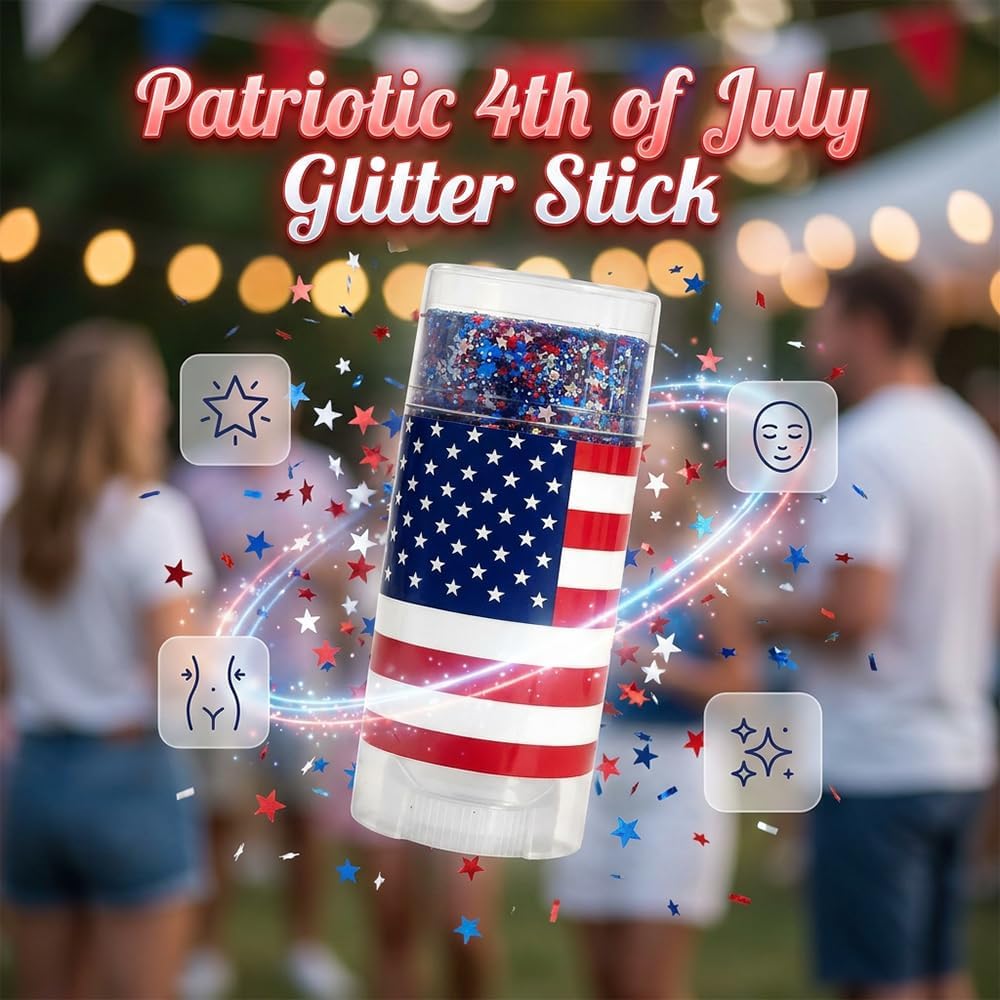 4Th Of July Outfits For Women,Patriotic Red White And Blue Body Glitter Stick,Sparkling Face Hair Glitter,American Flag Makeup For Independence Day Anniversary (2Pc)