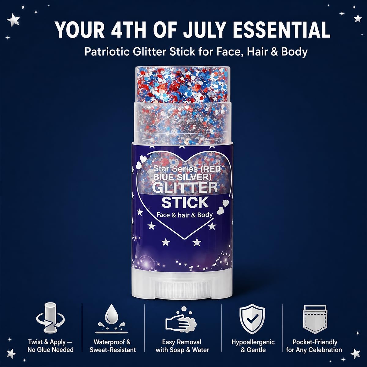 Patriotic Red White And Blue Glitter Stick 2 Pack, Face & Body Glitter Makeup For Women And Girls, Waterproof Usa Flag Glitter For 4Th Of July, Memorial Day, Veterans Day & Usa 250Th Anniversary