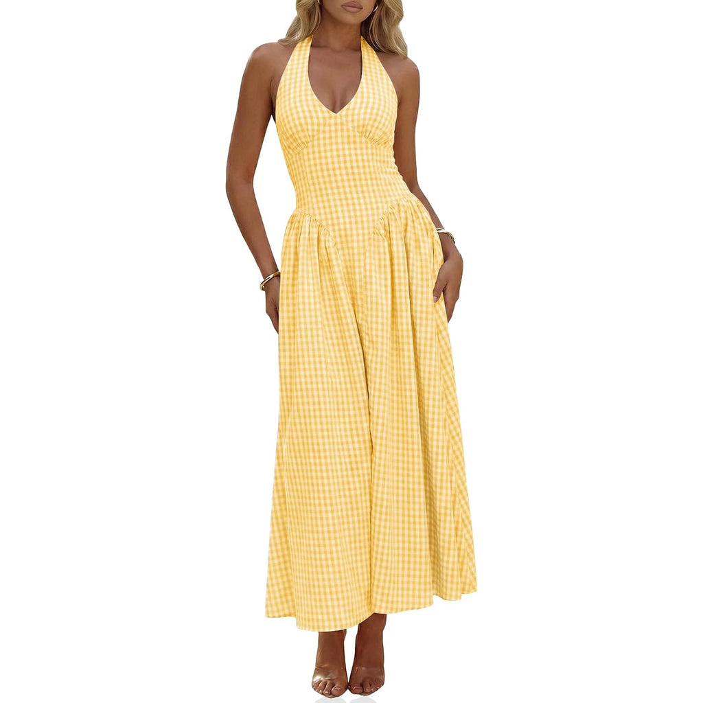 Wenrine Womens Halter V Neck Corset Maxi Dresses Summer Plaid Smocked Tie Back Backless Wedding Guest Drop Waist Dress