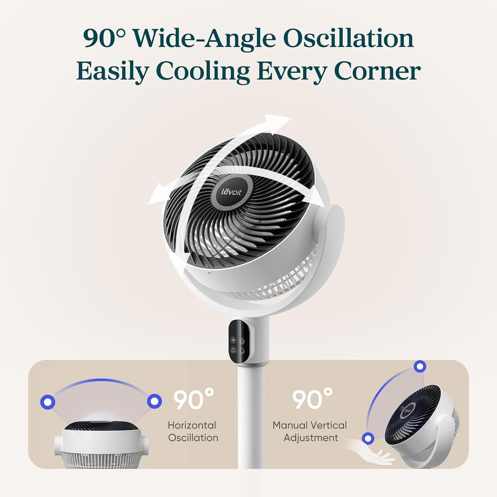 Levoit Standing Fan For Bedroom, 90° Oscillating Fan, 20Db Quiet For Sleep | Floor Fan With 1024 Cfm Airflow, Dc Motor, 5 Speeds, 2 In 1 Pedestal & Tabletop, 12H Timer, Remoter, For Home, Room, White