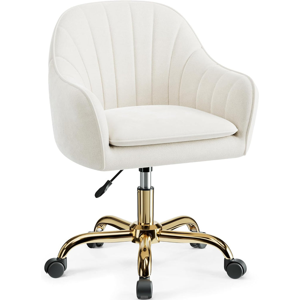 Vanity Chair With Wheels, Comfy Home Office Desk Chairs Adjustable Modern Velvet Makeup Vanity Chairs For Bedroom Living Room-Beige
