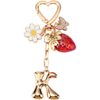 Strawberry Initial Keychain for Women-Cute Kawaii Gold Alphabet Bag Charms, Key chain Gift for Purse Handbag