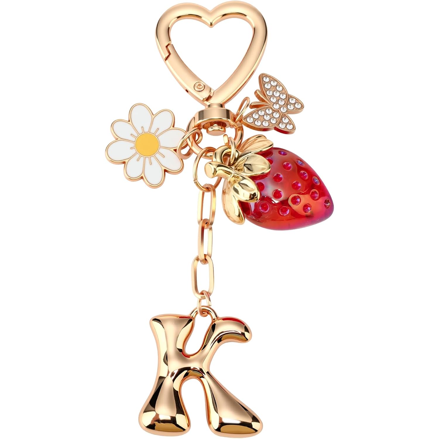 Strawberry Initial Keychain for Women-Cute Kawaii Gold Alphabet Bag Charms, Key chain Gift for Purse Handbag