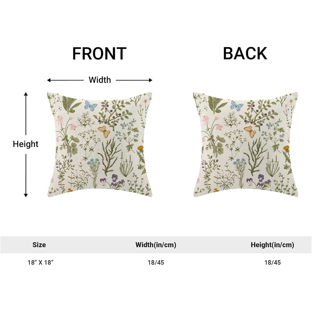 AEIOAE Spring Pillow Covers 18x18 Inch Set of 2,Sage Green Wild Flower Plant Throw Pillows Case,Seasonal Floral Outdoor Decorative Square Linen Farmhouse Decor Cushion Covers for Home Sofa Bed Couch