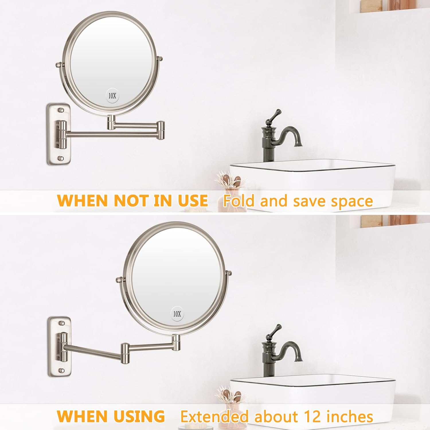 Wall Mounted Makeup Mirror - 1X/10X Magnifying Mirror Double Sided, 8 Inch Extendable Bathroom Mirror, Nickel Finish