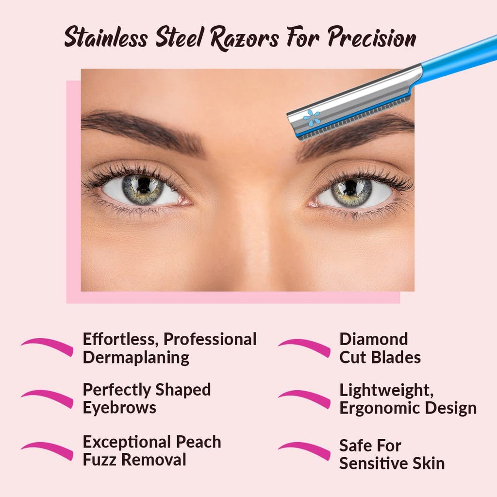 Facial Razor Hair Removal - Dermaplaning Tool Peach Fuzz Remover Trimmer Women Remove Fine Hair Blue Eyebrow Razors Dermaplane Face Shavers Exfoliating Sensitive Skin Travel Essential