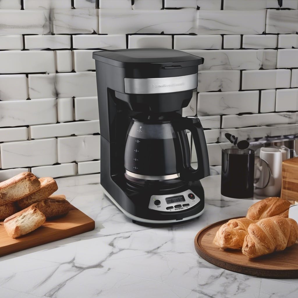 Hamilton Beach 12 Cup Programmable Drip Coffee Maker | Regular & Bold Brew Options | Auto Pause And Pour | Glass Carafe | Black With Stainless Accents | 46299J