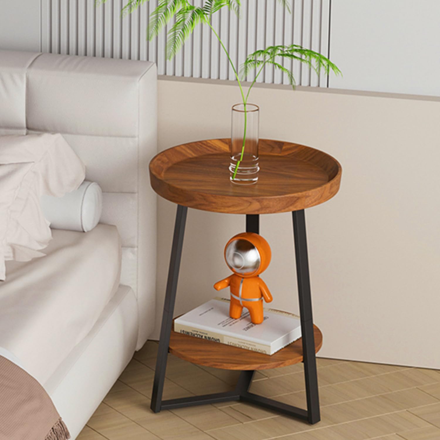 Round End Table With Storage Shelf, 2 Tier Farmhouse Side Table Nightstand For Living Room, Bedroom, Wood Tabletop & Black Metal Frame, Brown 15.7 * 15.7 * 23.0Inches