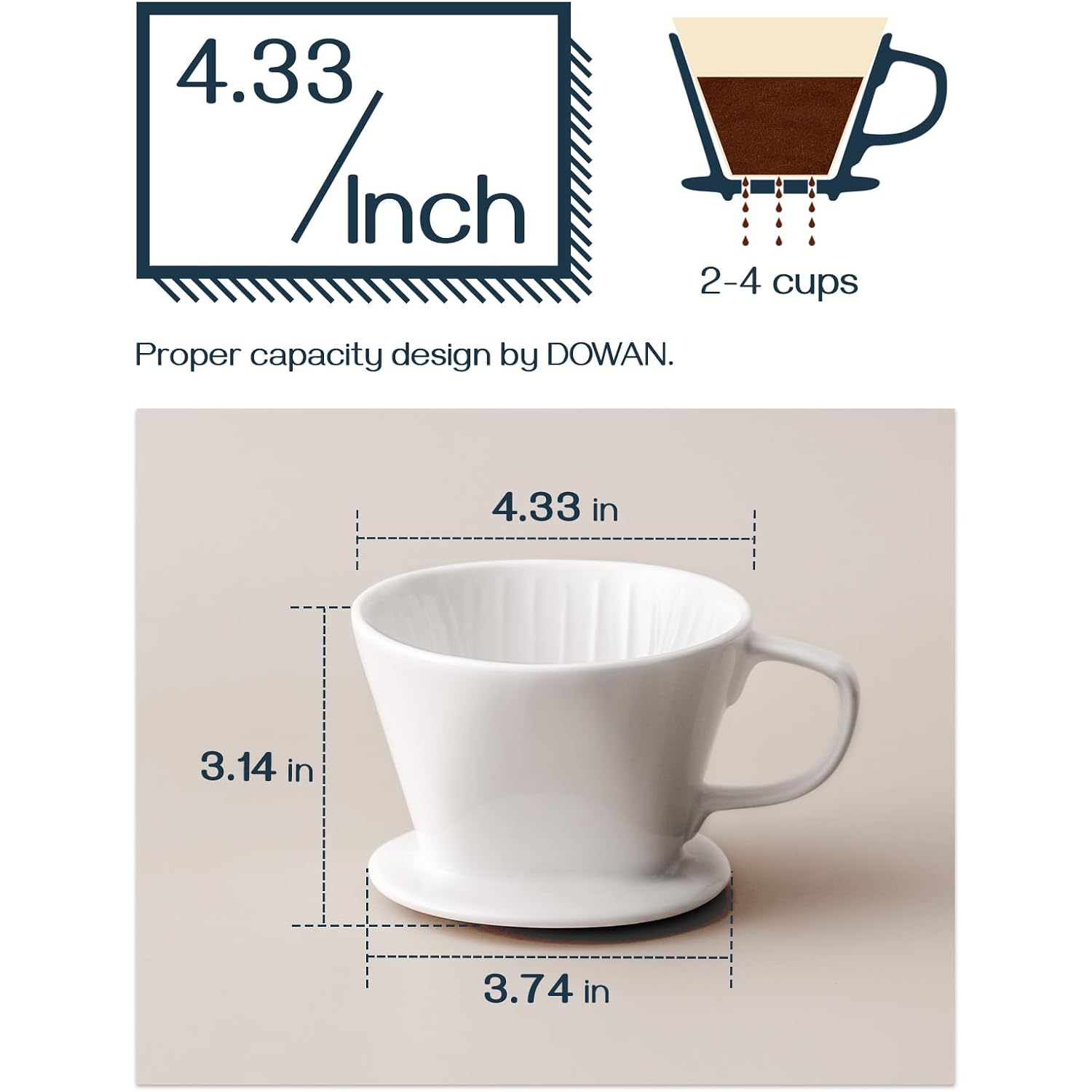 Dowan Pour Over Coffee Maker, Non-Electric Pour Over Coffee Dripper, Manual Brew Maker, Single Cups Porcelain Slow Brewing Accessories For Gifts,White