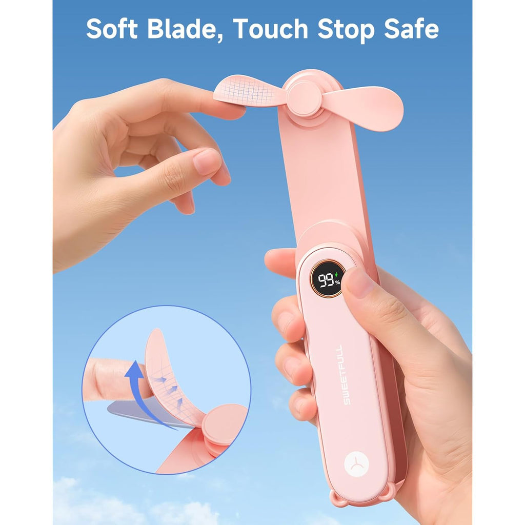 Sweetfull Portable Handheld Mini Fan With Led Display, 3-In-1 Personal Foldable Usb Rechargeable Hand Held Fan & Flashlight For Travel, Lash Eyelash, Cute Small Pocket For Women, Girls