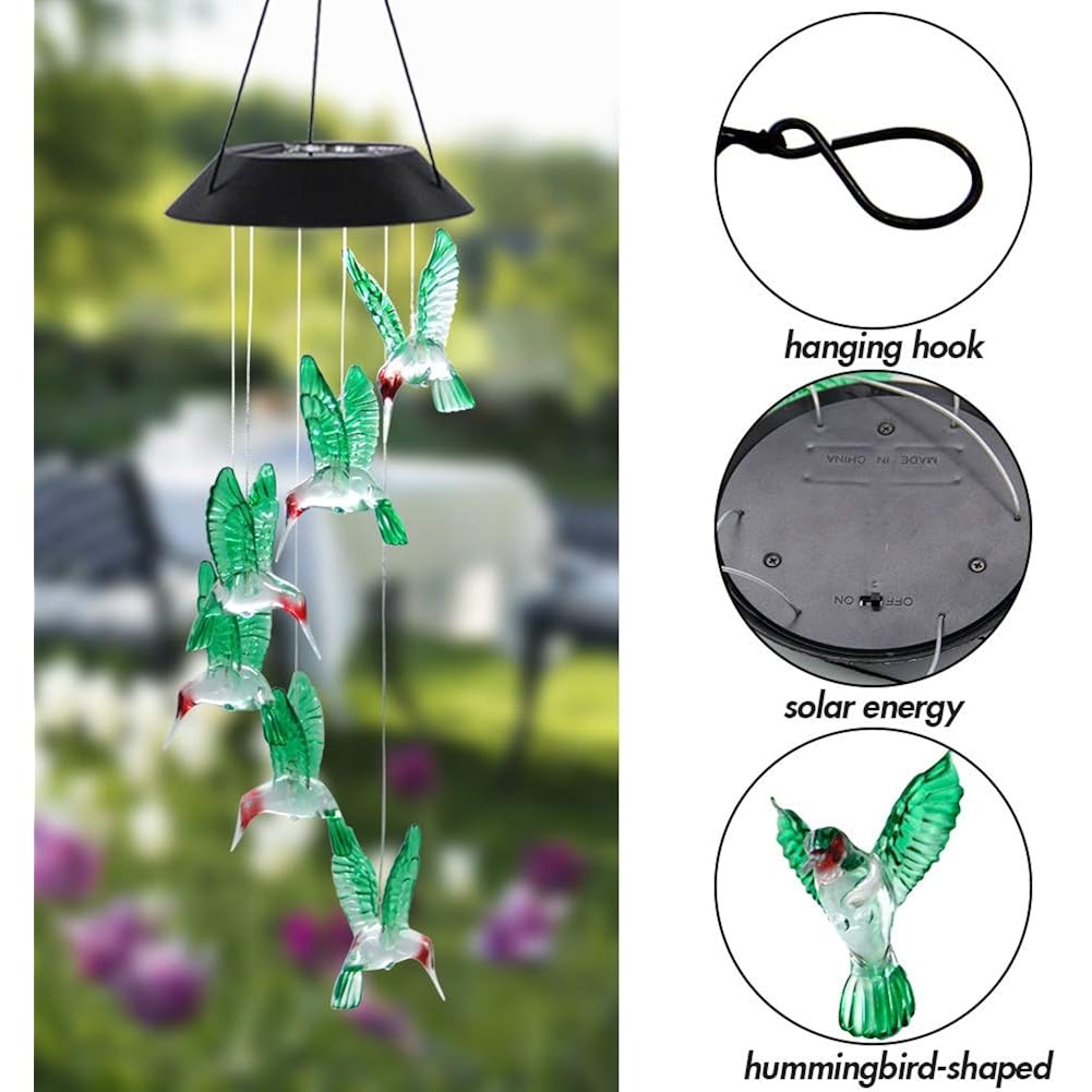 Mortime Led Solar Hummingbird Wind Chime, 25" Mobile Hanging Wind Chime For Home Garden Decoration, Automatic Light Changing Color(Hummingbird)