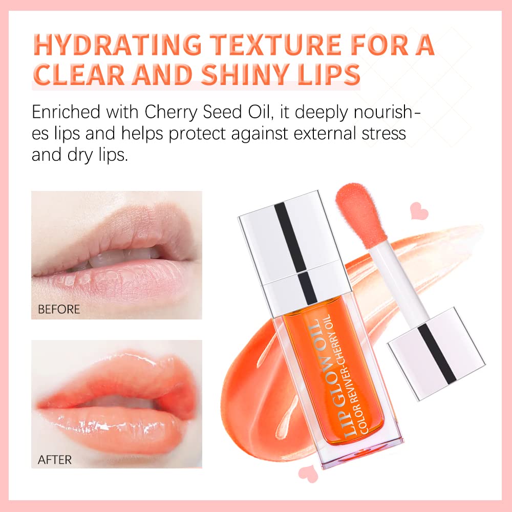 GECOMO Hydrating Lip Glow Oil, Lip Oil Gloss Transparent Toot Tinted Nourishing Long Lasting Repairing Lightening Lip Lines (CHERRY) 0.2 OZ