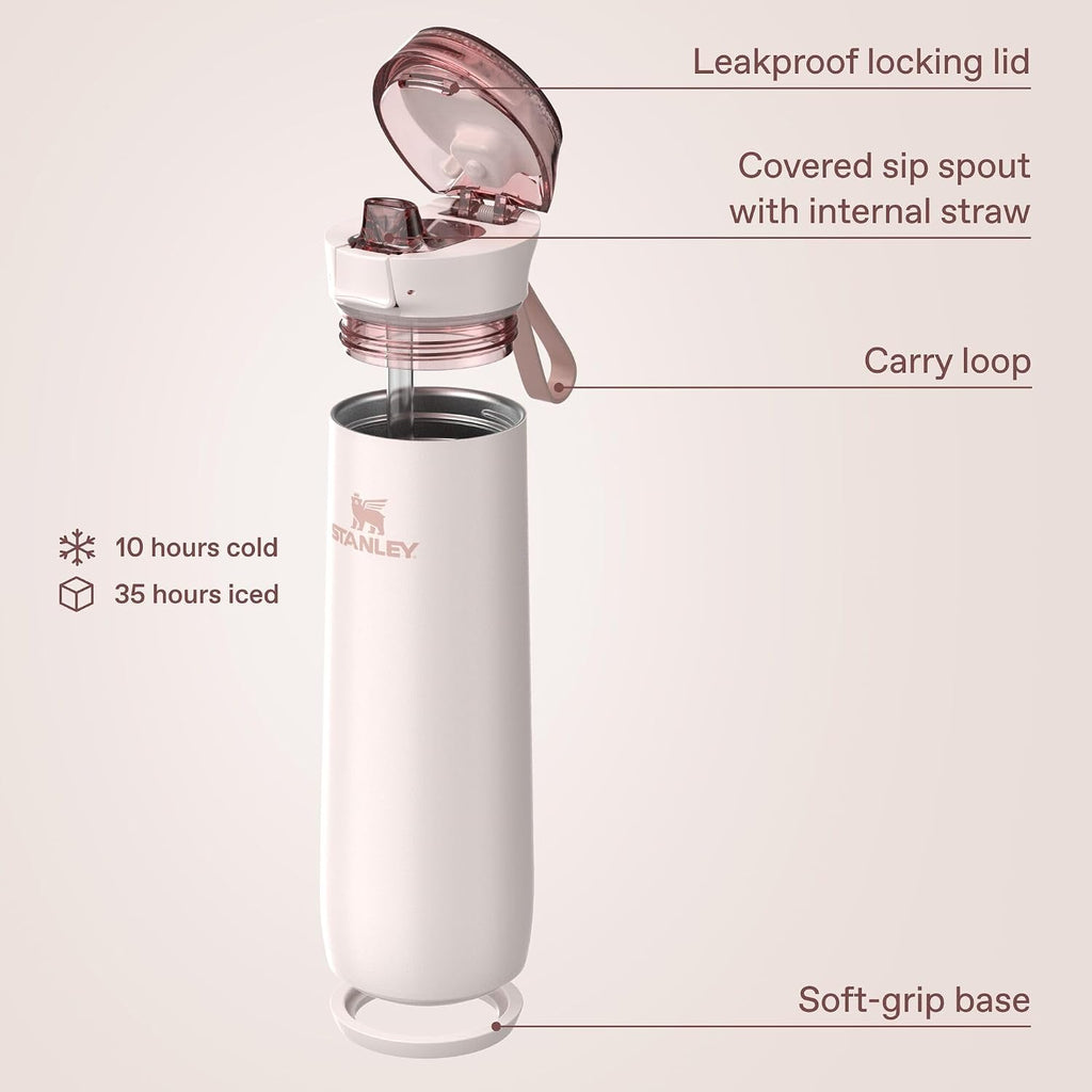 Stanley Flowstate Spring Bottle | Leakproof Water Bottle With Carry Strap & Flip-Top Locking Lid | Insulated Stainless Steel | Fits Most Cup Holders | Bpa-Free | 20 Oz | Rose Quartz
