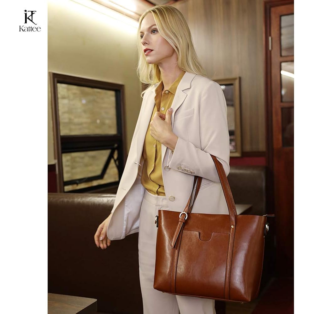 Kattee Genuine Leather Women Tote Bag Soft Handbags Vintage Shoulder Purses Fashion Top Handle Bag Large Capacity
