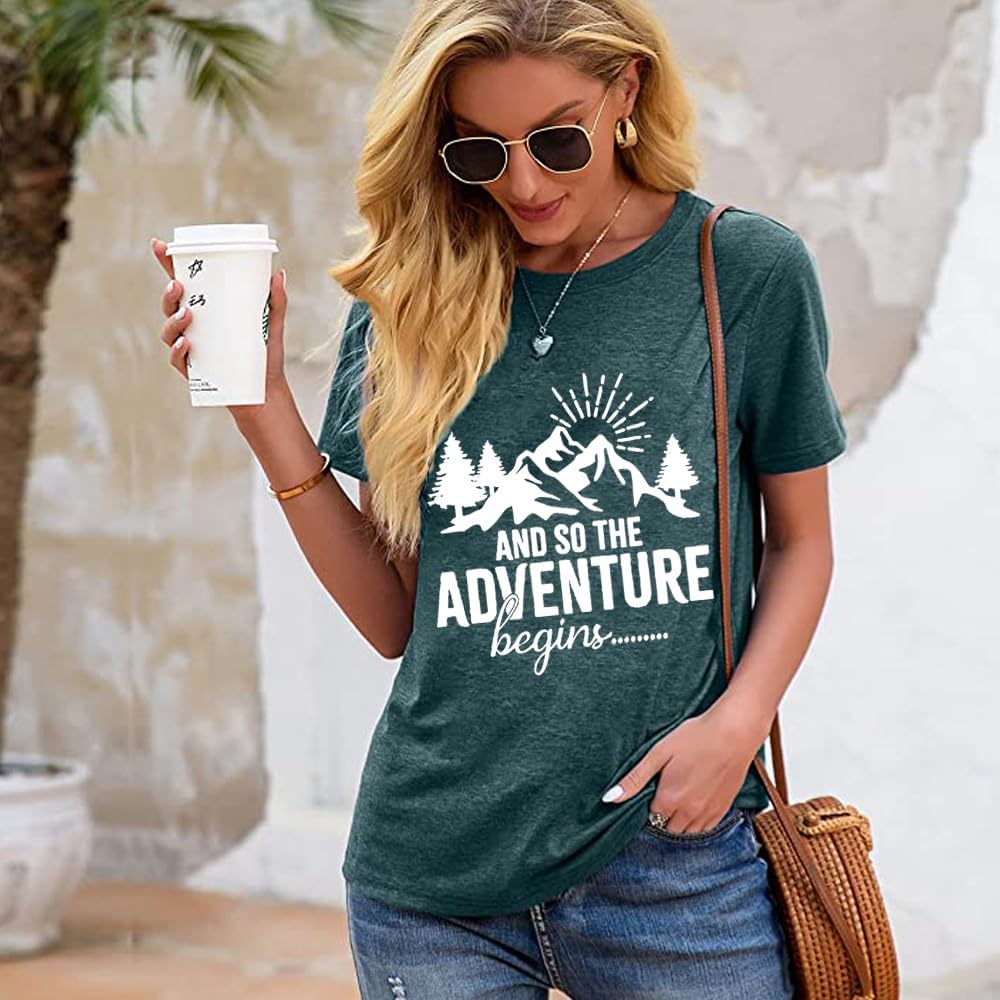 Women Mountain Shirts and So The Adventure Begins Tshirt Sunshine Moon Nature Pine Graphic Tees Heart Let's Go Find It Top Green