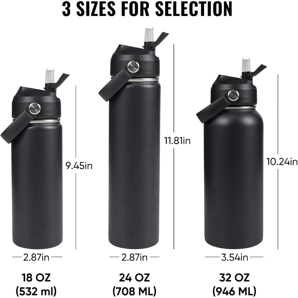 Fijinhom 18Oz Insulated Stainless Steel Water Bottle, Wide Mouth Double Wall Vacuum, Silicone Straw, Sweat & Leak Proof, Bpa Free Insulated Water Flask For Travel, Keep Cold 24H Hot 12H, Black