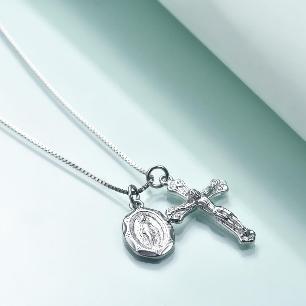 Rnivida 925 Sterling Silver Crucifix Cross and Miraculous Medal Pendant Necklace for Women