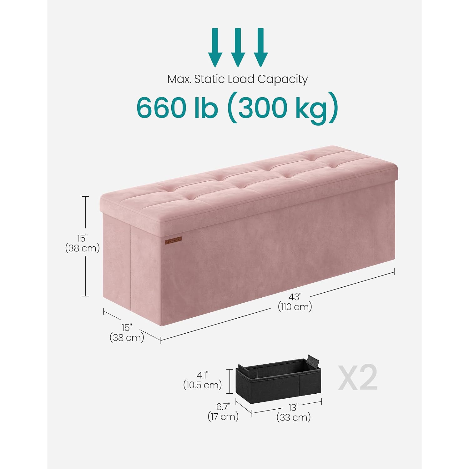Songmics Mazie Collection - Storage Ottoman Bench, Foldable Foot Rest, 15 X 43 X 15 Inches, End Of Bed Bench, Storage Chest, Load 660 Lb, Living Room, Bedroom, Entryway, Jelly Pink Ulsf277R01