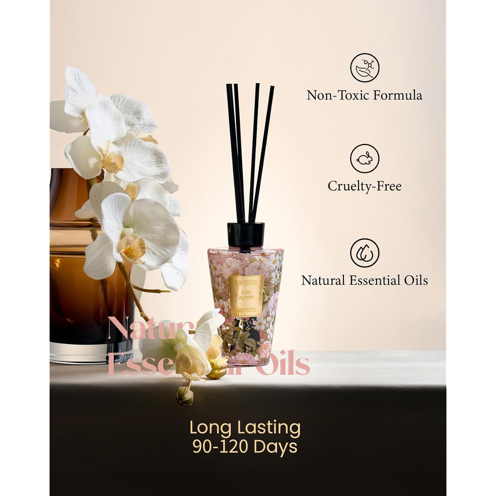 M&Sense Rose Amber Reed Diffuser Set - 8.79Fl Oz Home Fragrance Non-Toxic Essential Oil Diffuser With All Natural Sticks, Air Freshner Gifts For Bathroom Bedroom Office Home Decor