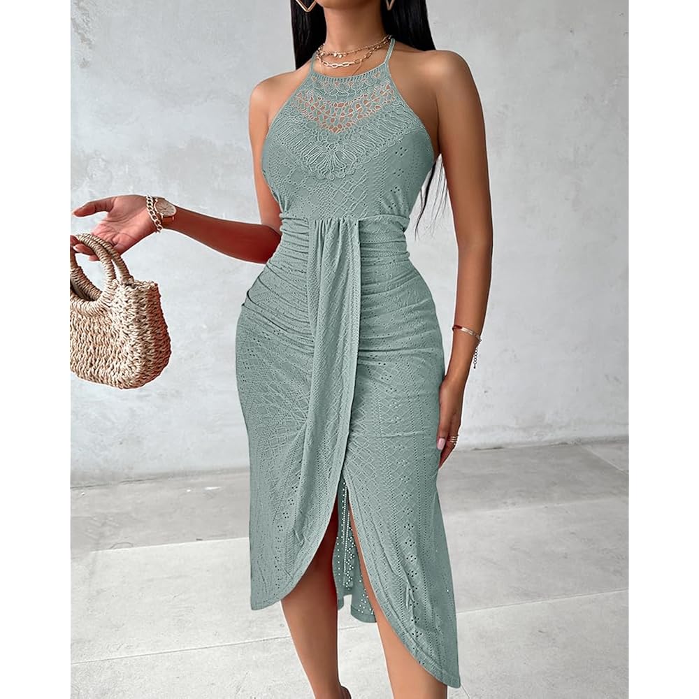 Chicme Womens Summer Halter Dress Hollow Out A Line Vacation Dresses With Eyelet Embroidery & Side Slit
