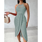 Chicme Womens Summer Halter Dress Hollow Out A Line Vacation Dresses With Eyelet Embroidery & Side Slit