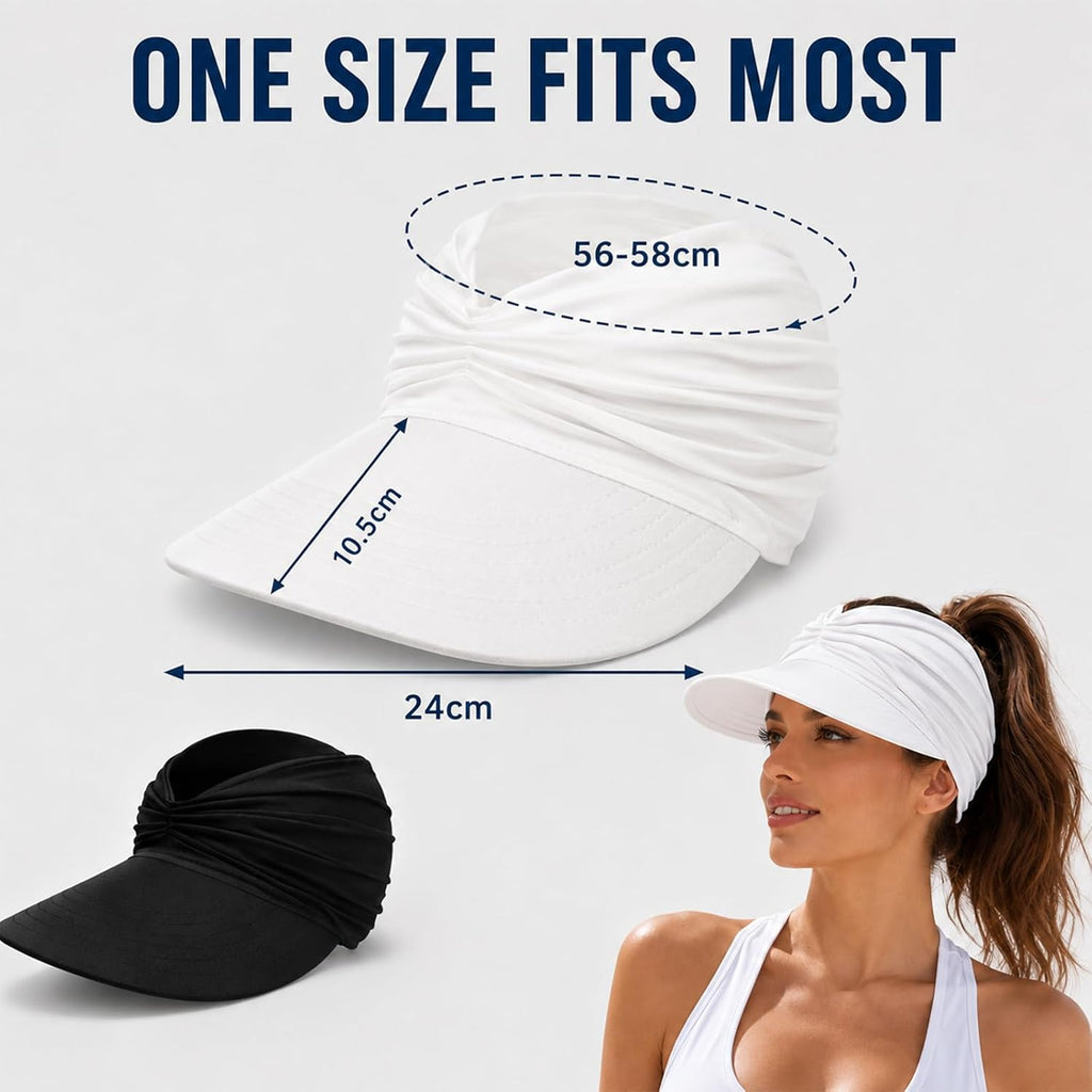 2 Pack Sun Visor Hats For Women, Wide Brim Visor Hat Upf 50+ Uv Protection Lightweight Foldable Elastic Ponytail Cap For Summer Beach, Golf, Sports (Black + White)