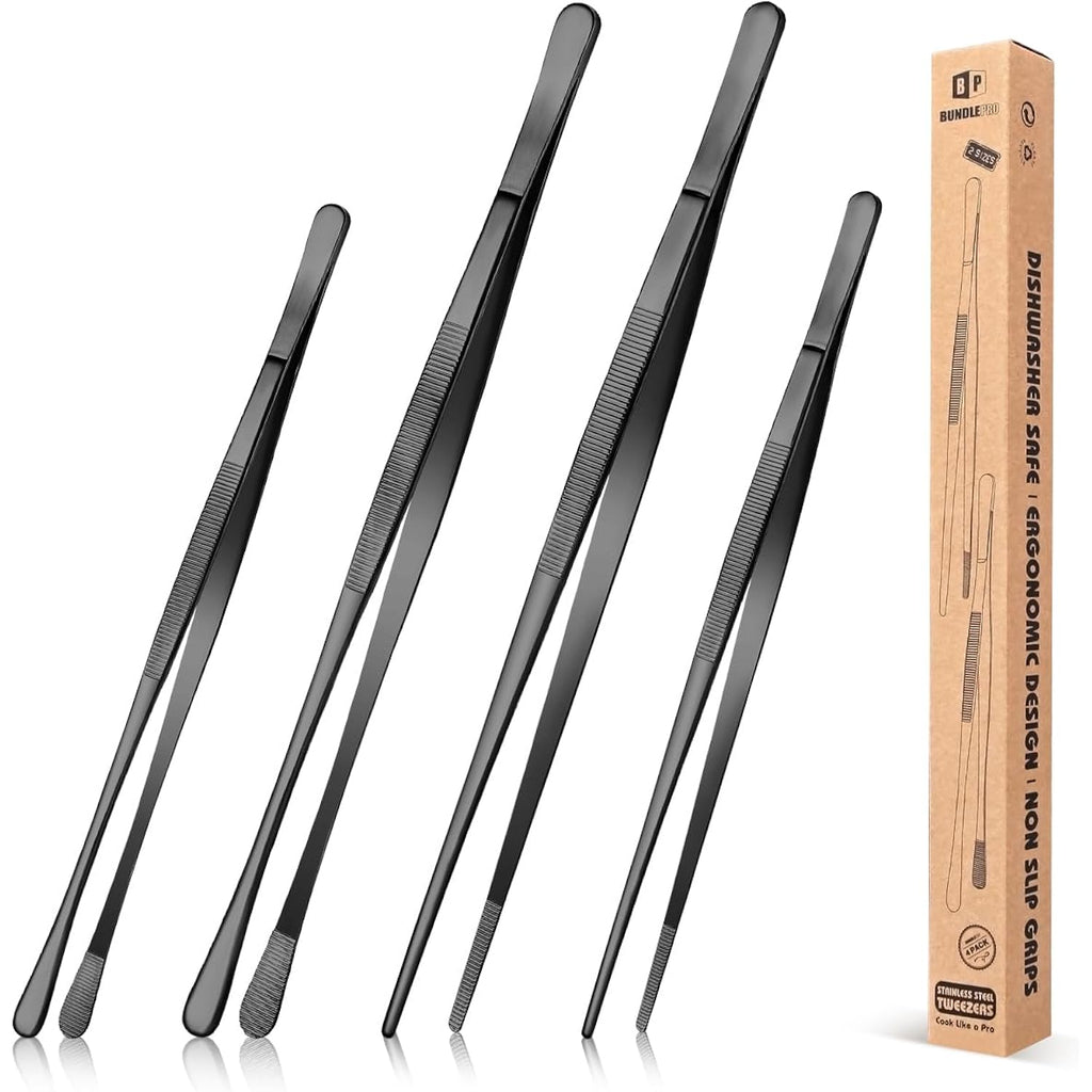 4 Pcs Fine Long Tweezer Tongs Professional Black, 12'' And 10'' Stainless Steel For Kitchen, Food, Cooking, Repairing, Sea Food And Bbq