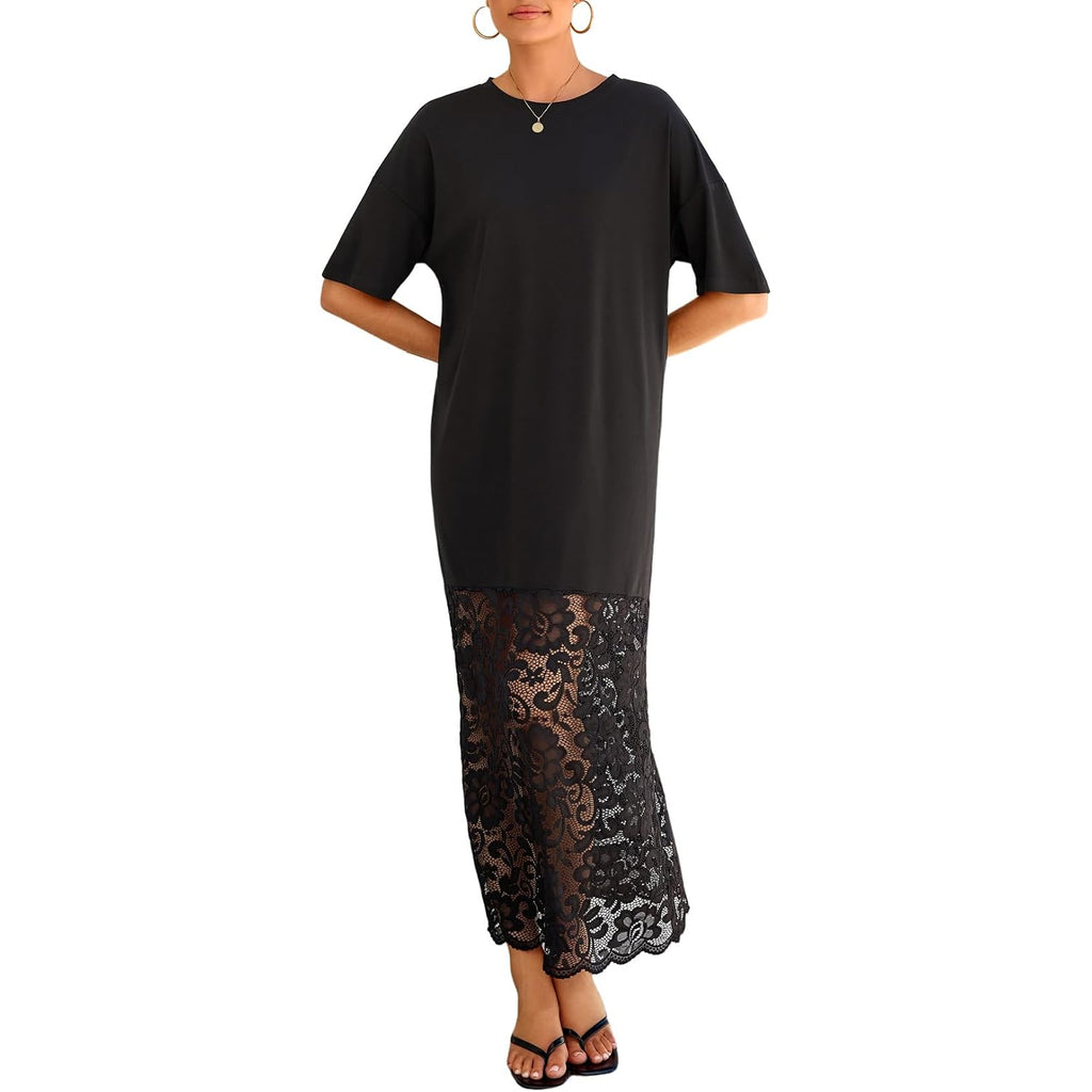Lolong Womens Short Sleeve Lace Patchwork Maxi Dress Summer 2026 Crew Neck Casual Long Dresses